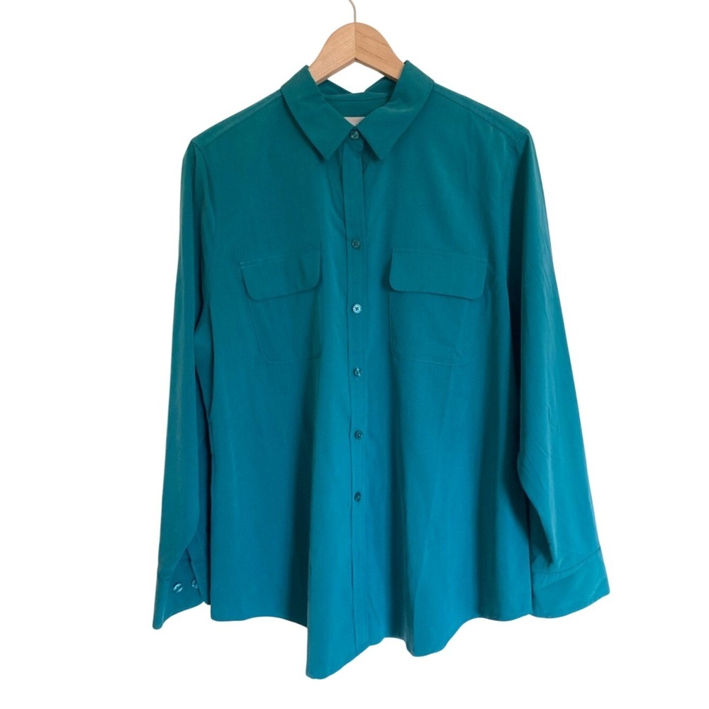 New Chicos Womens Teal Button-Up Shirt Size Large‎ 2 Classic Collar Long Sleeve